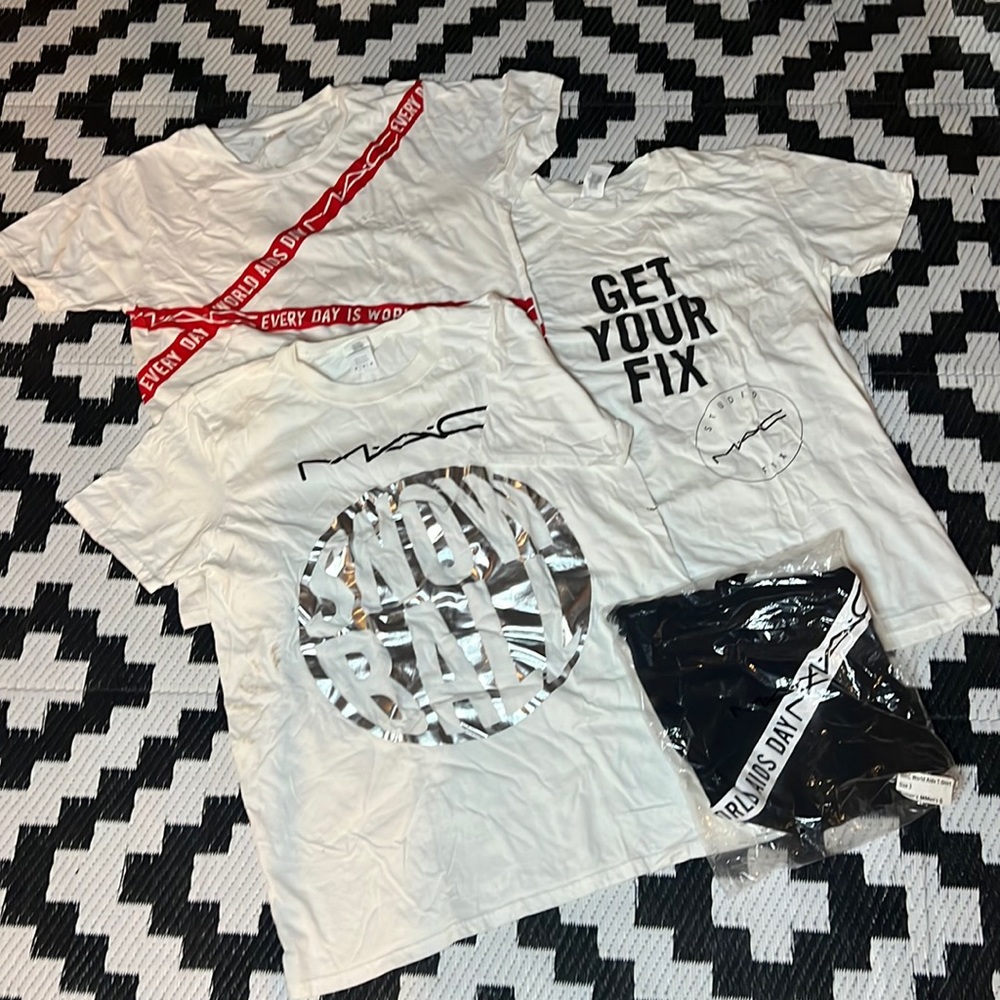 Lot of 4 MAC Cosmetics employee t shirts - one new in bag